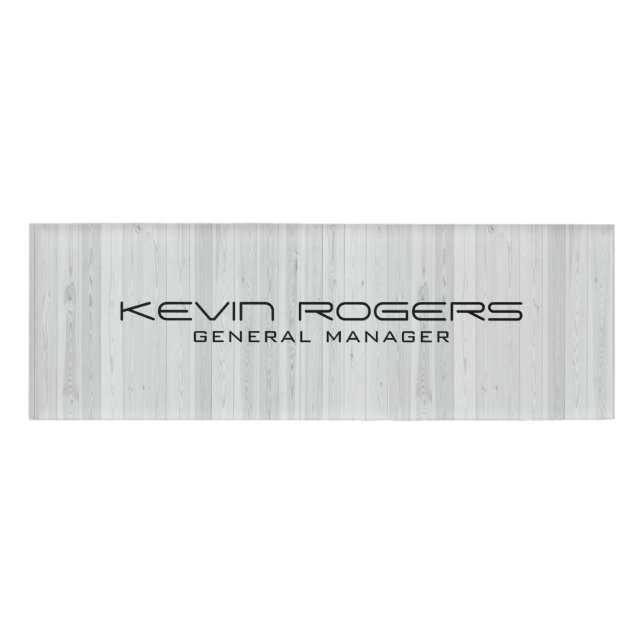 Bleached white faux wood planks pattern name tag (Front)