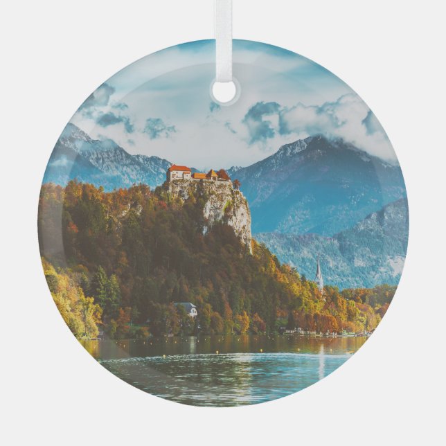 Bled Castle: Slovenian Cliff Overlook. Glass Ornament (Front)