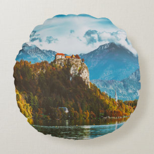 Bled Castle: Slovenian Cliff Overlook. Round Pillow