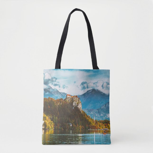 Bled Castle: Slovenian Cliff Overlook. Tote Bag (Front)