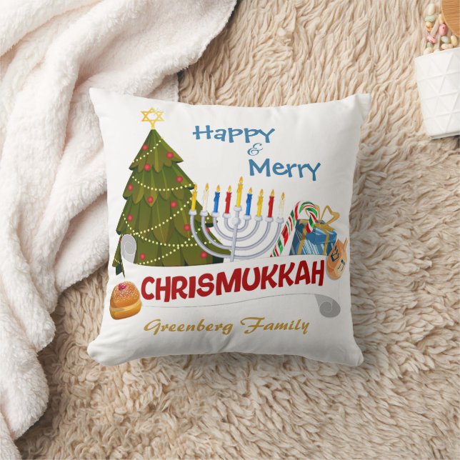 Blended Holiday Chrismukkah Tree, Menorah, Dreidel Throw Pillow (Blanket)