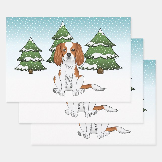 Blenheim Cavalier King Charles Spaniel In Winter Wrapping Paper Sheet (Set)