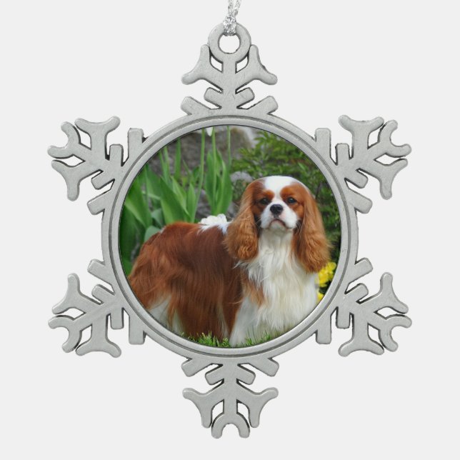 Blenheim Cavalier King Charles Spaniel Puppy Dog Snowflake Pewter Christmas Ornament (Front)
