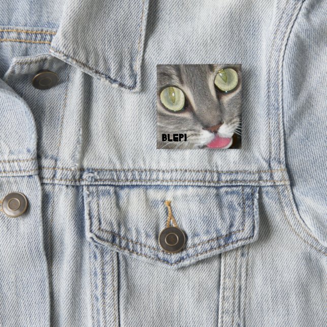 Blep Cat tounge Stickers 2 Inch Square Button (In Situ)