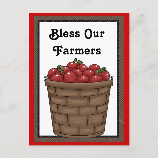 Bless our Farmers fun apple bushel postcard (Front)