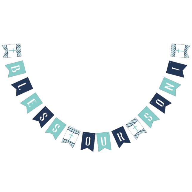 Bless Our Son Banner, Navy, Aqua Bunting Flags (All)