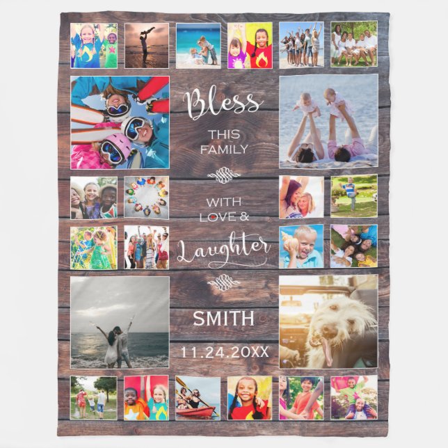 Bless this Family with love 24 Photo Collage Fleece Blanket (Front)