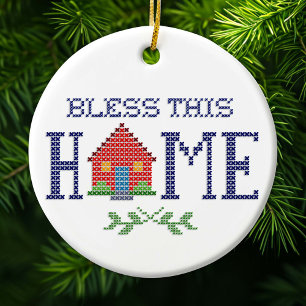 Bless This Home Cross Stitch Embroidery Ceramic Ornament