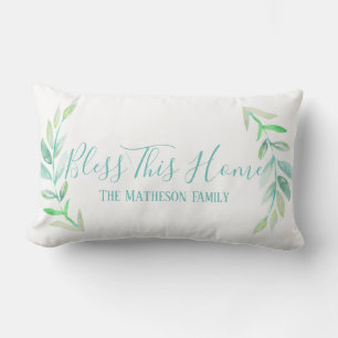 Bless This Home Farmhouse Watercolor Laurels Lumbar Pillow