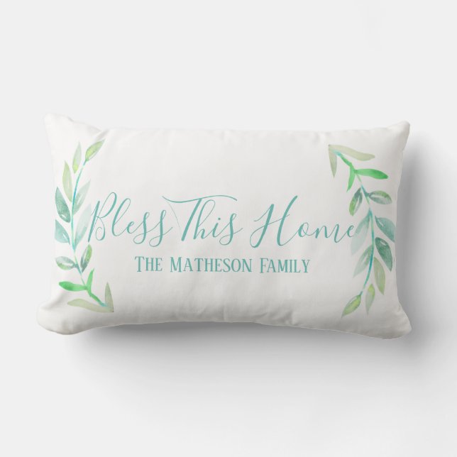 Bless This Home Farmhouse Watercolor Laurels Lumbar Pillow (Front)
