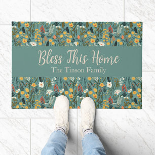 "Bless This Home" Floral Personalizable Doormat