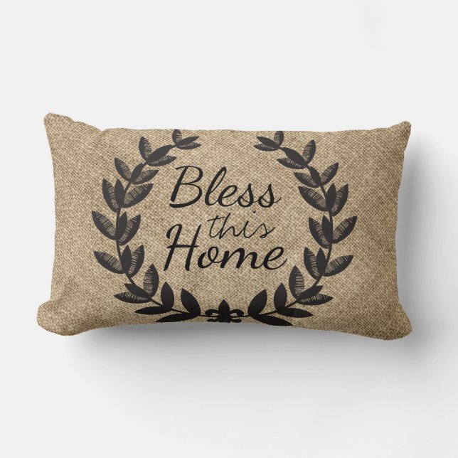 Bless This Home Rustic Faux Burlap Laurels Lumbar Pillow (Front)