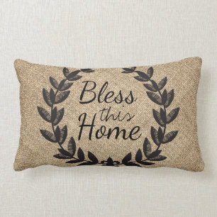 Bless This Home Rustic Faux Burlap Laurels Lumbar Pillow