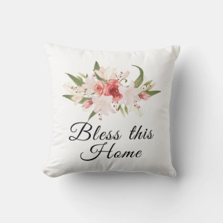 Bless This Home Watercolor Floral Design Throw Pillow