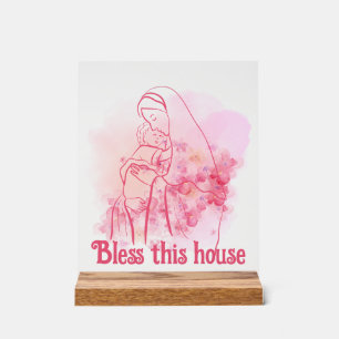 Bless this house Pink Floral Virgin Mary Jesus Acrylic Sign