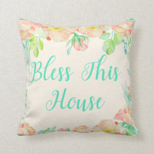 Bless This House Teal Coral Watercolor Floral Throw Pillow