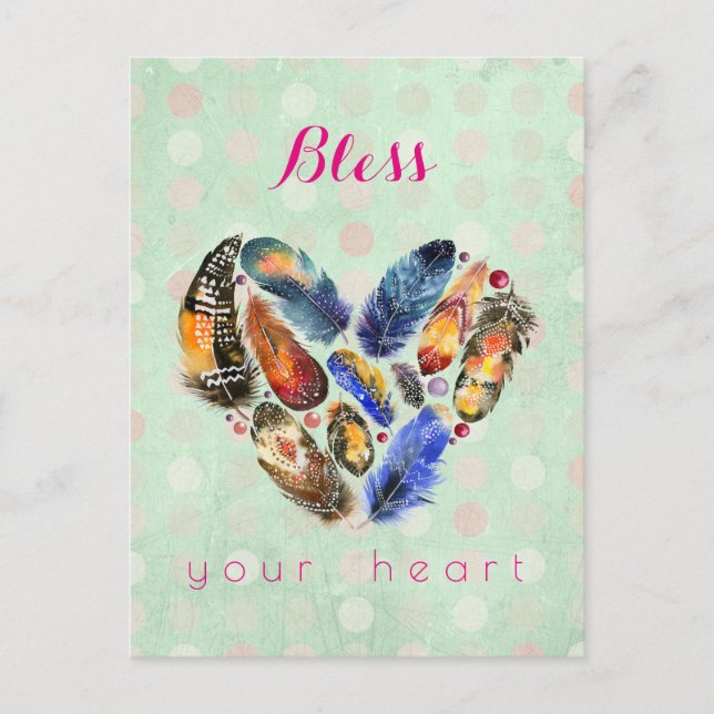 Bless Your Heart Inspirational With Feather Heart Postcard (Front)