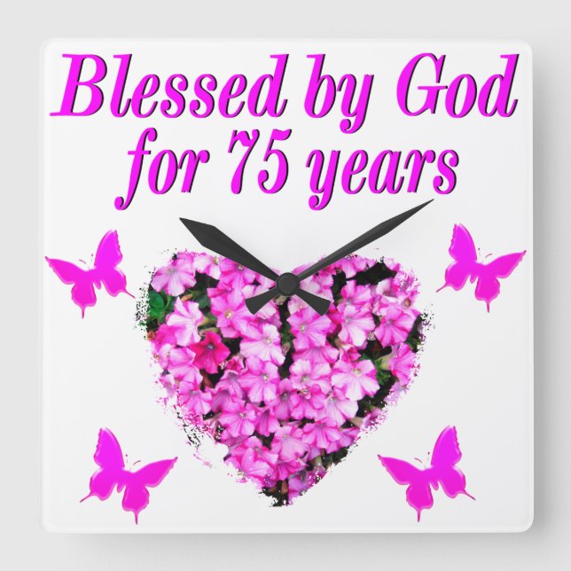 BLESSED 75TH BIRTHDAY FLORAL DESIGN SQUARE WALL CLOCK (Front)