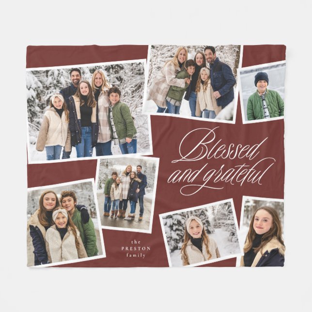 Blessed and grateful photo collage maroon fleece blanket (Front (Horizontal))