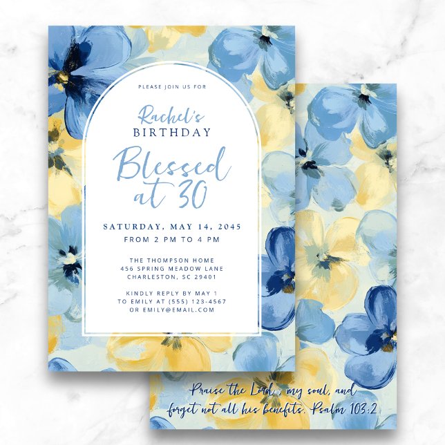 Blessed at 30 Faith Birthday Milestone Floral Invitation (Elegant "Blessed at 30" faith birthday invite with blue and yellow florals)