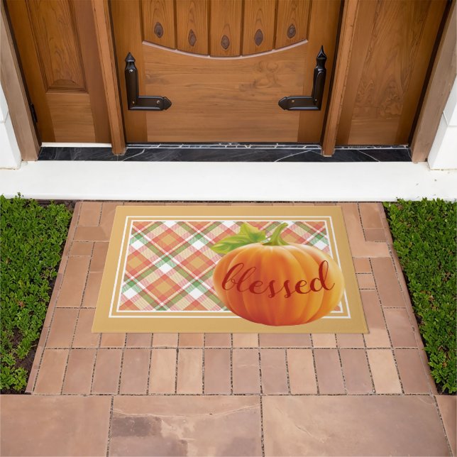 Blessed Autumn Harvest Pumpkin On Gingham Doormat (Outdoor)