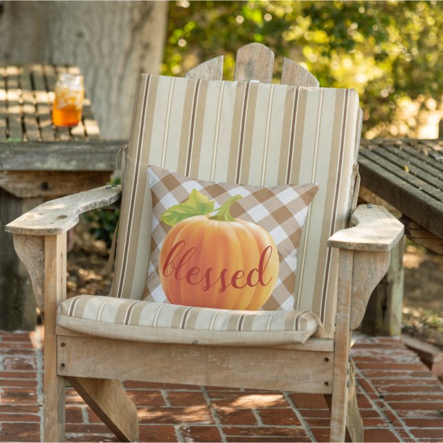 Blessed Autumn Harvest Pumpkin On Gingham Outdoor Pillow (Chair)