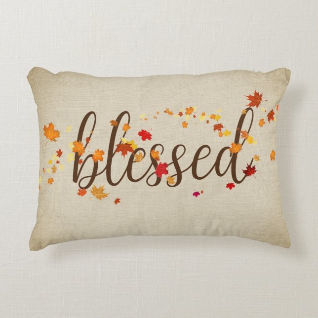 Blessed Autumn Leaves on Burlap Accent Pillow (Front)