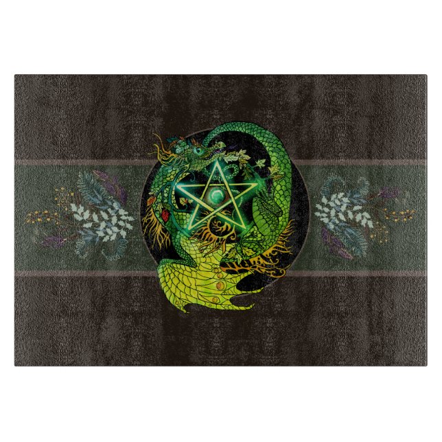 Blessed Be Art Nouveau Pentacle Dragon Cutting Board (Front)
