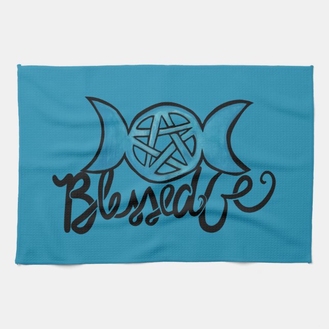 Blessed Be Pagan Triple Moon Pentagram Kitchen Towel (Horizontal)