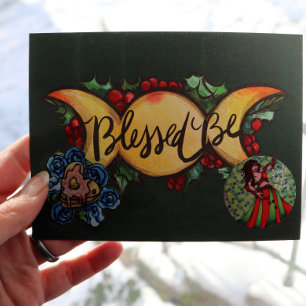 Blessed Be Triple Moon Goddess Holly Yule Holiday Postcard
