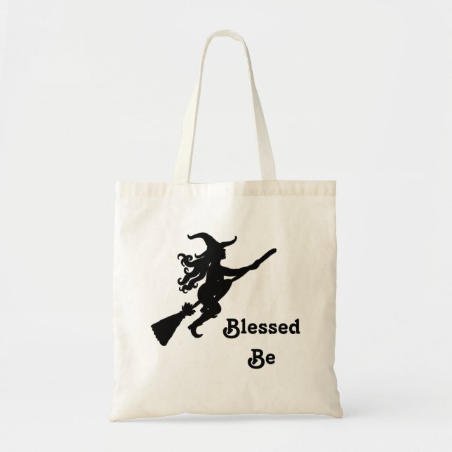 Blessed Be Witch on Broom Tote Bag (Front)