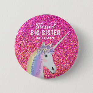 Blessed Big Sister Unicorn Pink Glitter Name 2 Inch Round Button