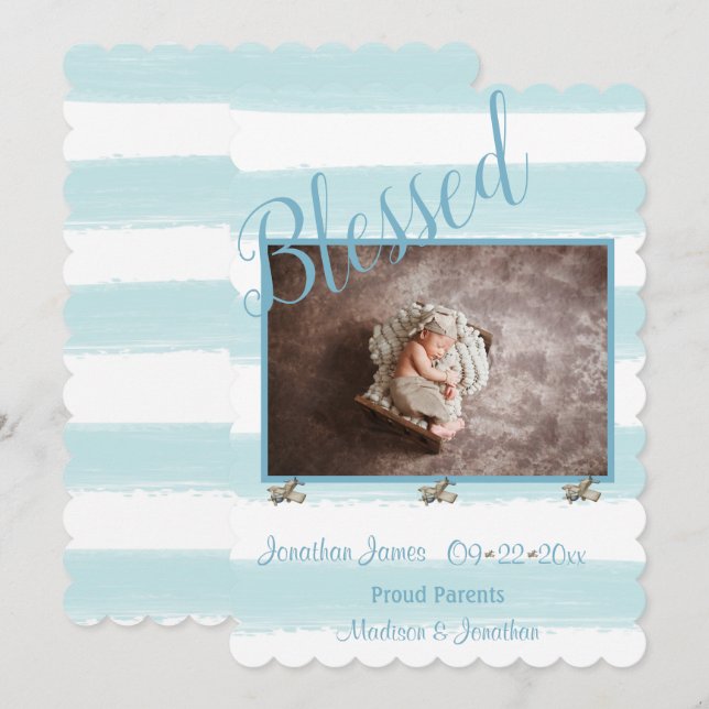 Blessed Blue Photo Script Personalize Boy Birth Announcement (Front/Back)