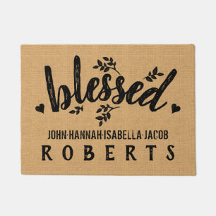Blessed Burlap Farmhouse Leaves Hearts Custom Doormat