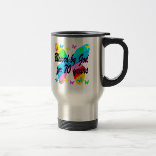 BLESSED BY GOD 70TH BUTTERFLY DESIGN TRAVEL MUG