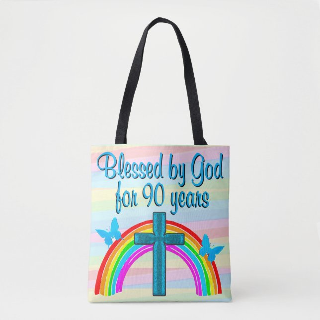 BLESSED BY GOD 90TH BIRTHDAY TOTE BAG (Front)