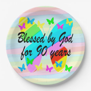 BLESSED BY GOD BUTTERFLY 90TH BIRTHDAY PAPER PLATE