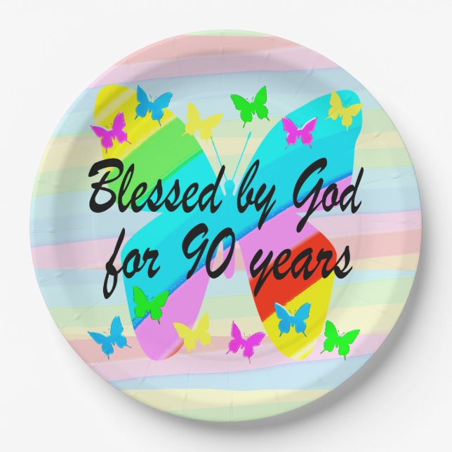 BLESSED BY GOD BUTTERFLY 90TH BIRTHDAY PAPER PLATE (Front)