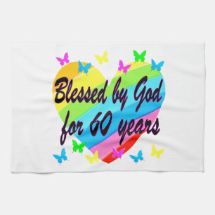 BLESSED BY GOD FOR 60 YEARS HEART DESIGN KITCHEN TOWEL