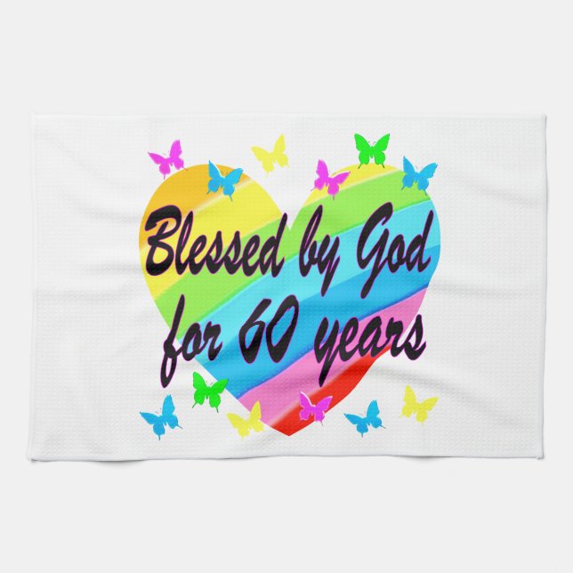 BLESSED BY GOD FOR 60 YEARS HEART DESIGN KITCHEN TOWEL (Horizontal)