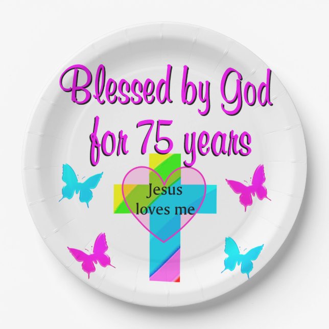 BLESSED BY GOD FOR 75 YEARS PERSONALIZED DESIGN PAPER PLATE (Front)