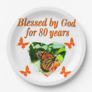 BLESSED BY GOD FOR 80 YEARS BUTTERFLY PHOTO PAPER PLATE