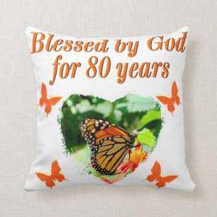BLESSED BY GOD FOR 80 YEARS BUTTERFLY PHOTO THROW PILLOW