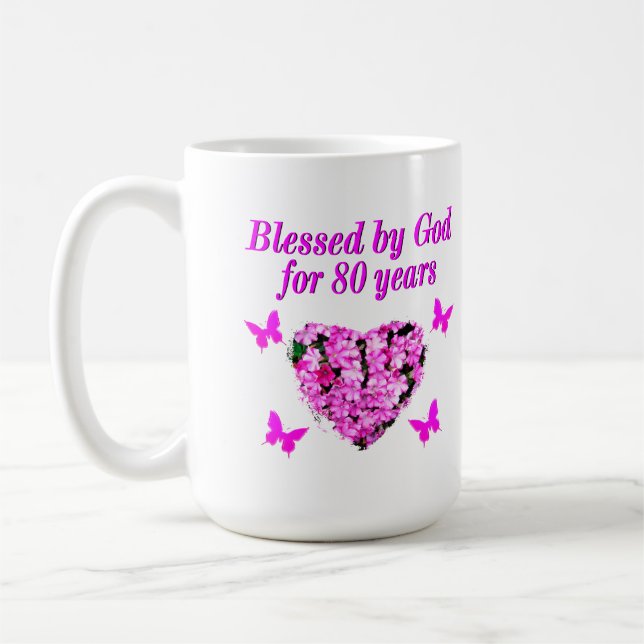 BLESSED BY GOD FOR 80 YEARS FLORAL DESIGN COFFEE MUG (Left)