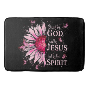 Blessed By God - Loved By Jesus Pink Sunflower Bath Mat