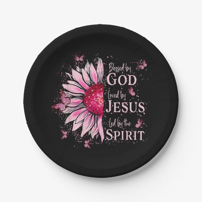 Blessed By God - Loved By Jesus Pink Sunflower Paper Plate (Front)