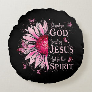 Blessed By God - Loved By Jesus Pink Sunflower Round Pillow