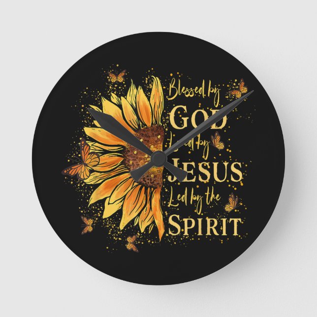 Blessed By God - Loved By Jesus, Sunflower Round Clock (Front)