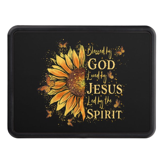 Blessed By God - Loved By Jesus, Sunflower Trailer Hitch Cover (Front)