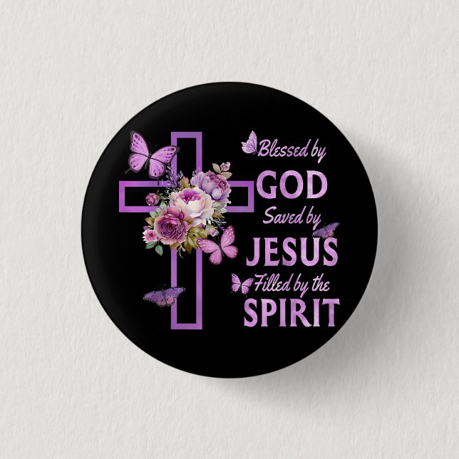 Blessed by God Saved by Jesus Purple Floral Cross  1 Inch Round Button (Front)